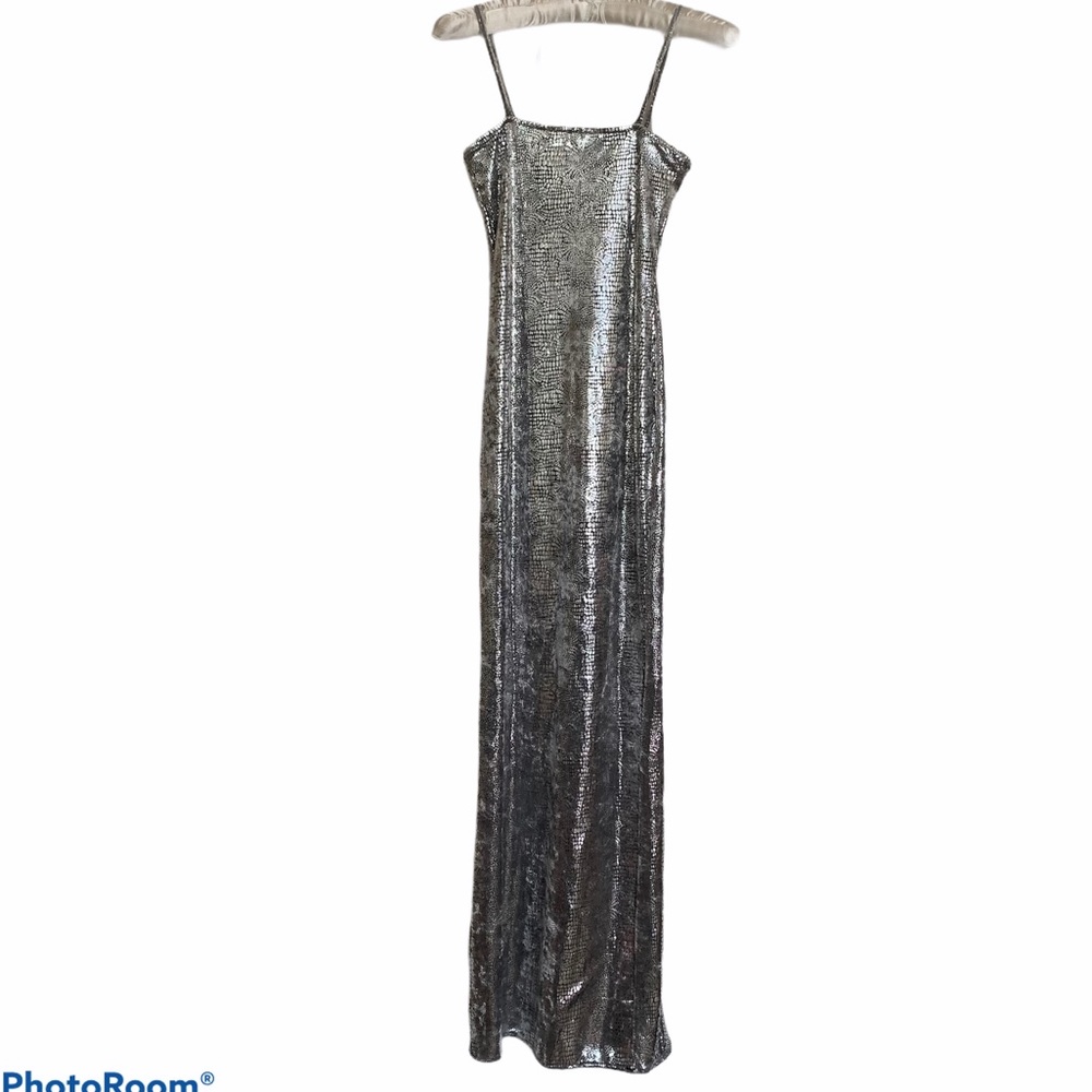 Bebe Moda silver velvet maxi dress bodycon mermaid back